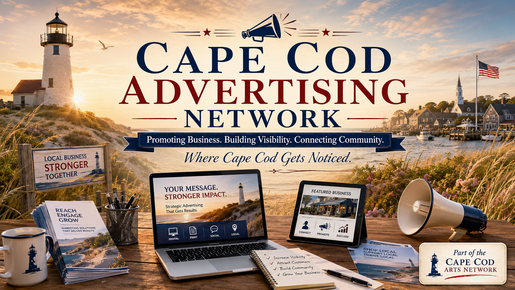 Cape Cod Advertising Network landing graphic with Cape Cod lighthouse, local business advertising imagery, marketing materials, and Part of the Cape Cod Arts Network badge